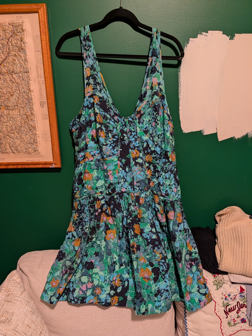 Anthropologie Floral V-Neck Mini Dress in Teal, Navy & Green